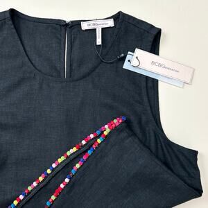 BCBGeneration Rainbow Pompom Black Linen Boxy Sleeveless Top NWT